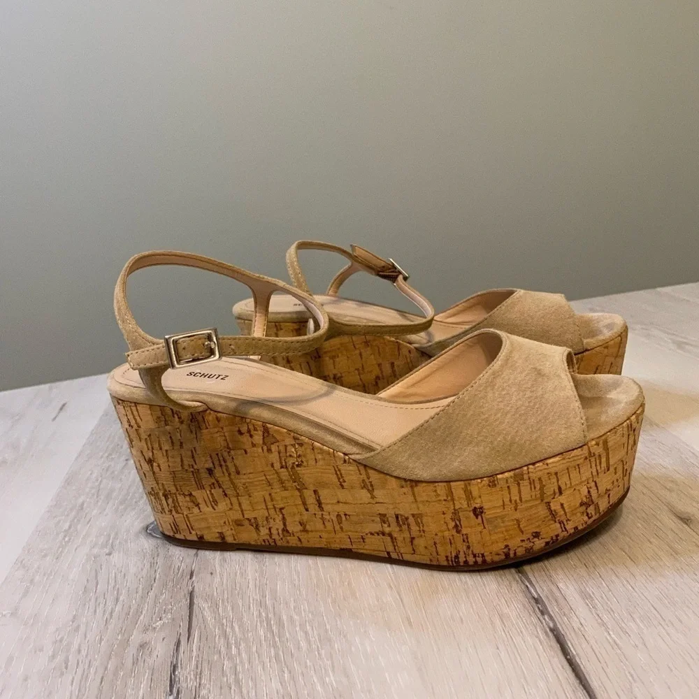 SCHUTZ Tan Cork and Suede Ankle Strap Platform Sandal, Size 8.5B